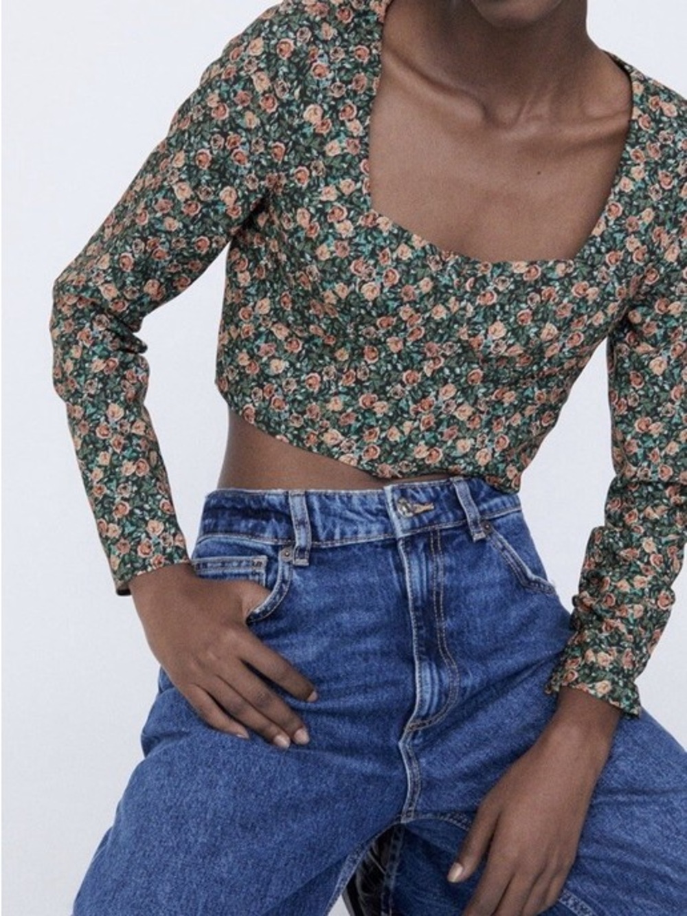 Zara Floral Corset Crop Top XS Green Pink Rose Print Square Neck Cottagecore - Picture 7 of 16